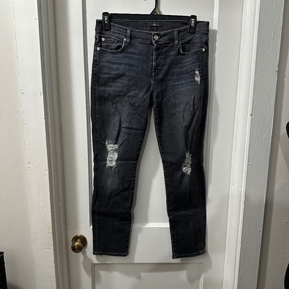 7 For All Mankind Black Distressed Skinny Jeans in 28 - Picture 1 of 1